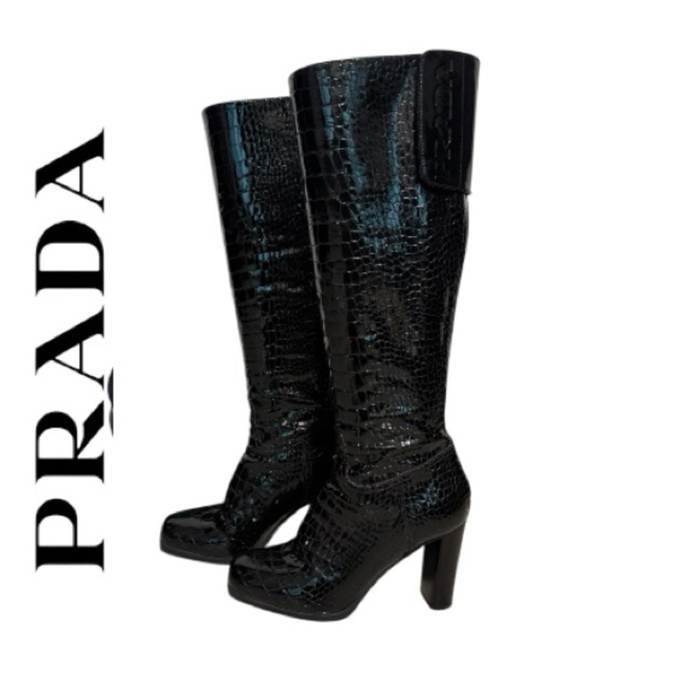 Prada Black Croc-Patterned Heeled Boots